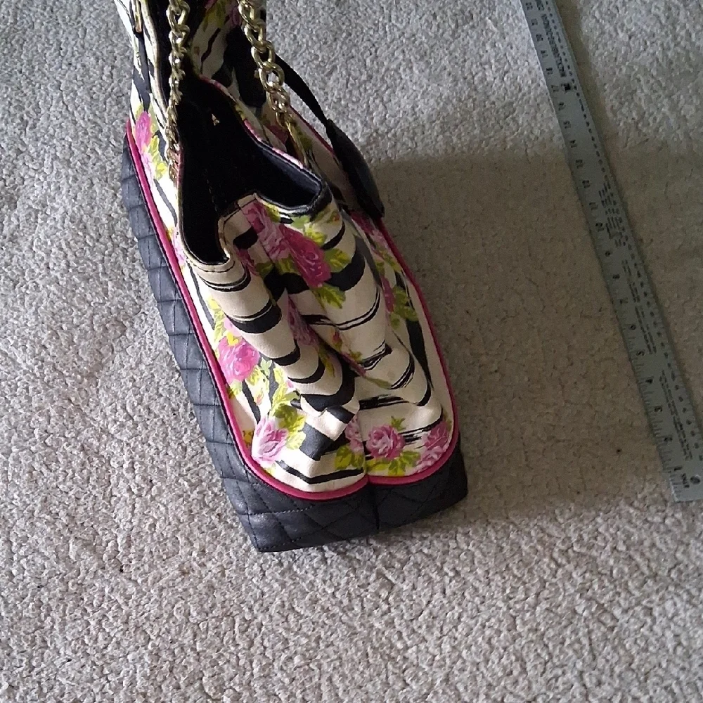 Betsey Johnson Black & Pink Floral Striped Satchel